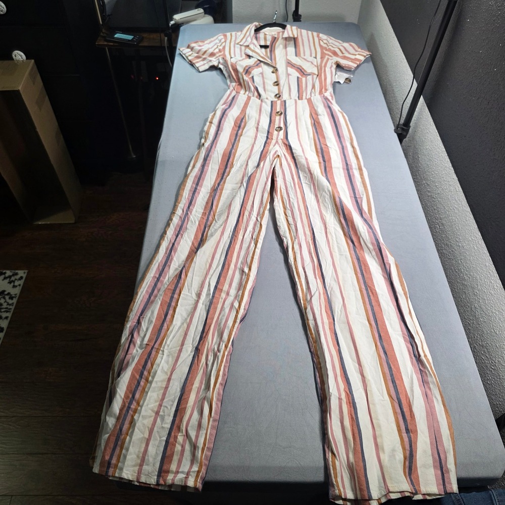Dizzy Lizzy Charlotte Russe Striped Wide Leg Jumpsuit XS Pink Tan Blue Button Up